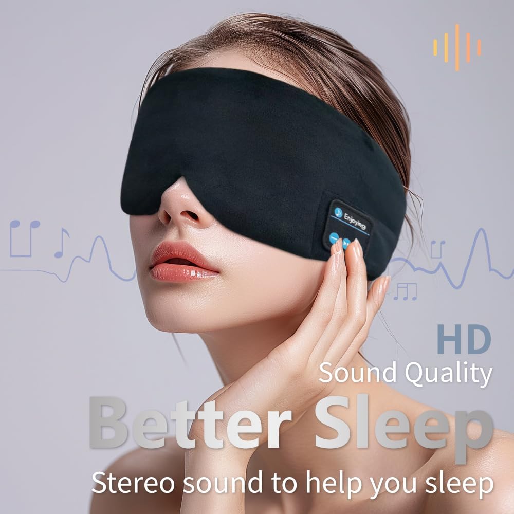 Soft Sleep Eye Mask Bluetooth Headphones, Adjustable Sleep Headband Headphones for Sleeping Meditation Insomnia, Wireless Music Eye Cover Earbuds for Airplane Travel Nap, Black