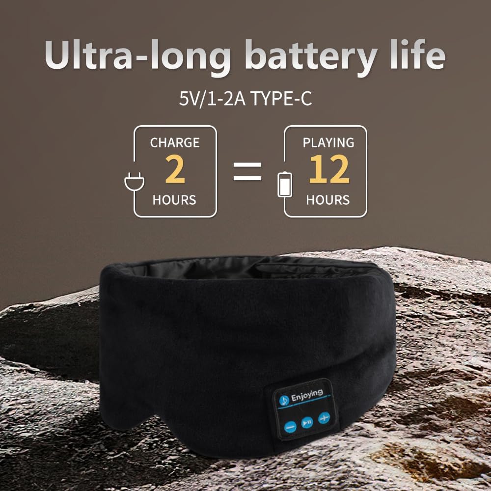 Soft Sleep Eye Mask Bluetooth Headphones, Adjustable Sleep Headband Headphones for Sleeping Meditation Insomnia, Wireless Music Eye Cover Earbuds for Airplane Travel Nap, Black