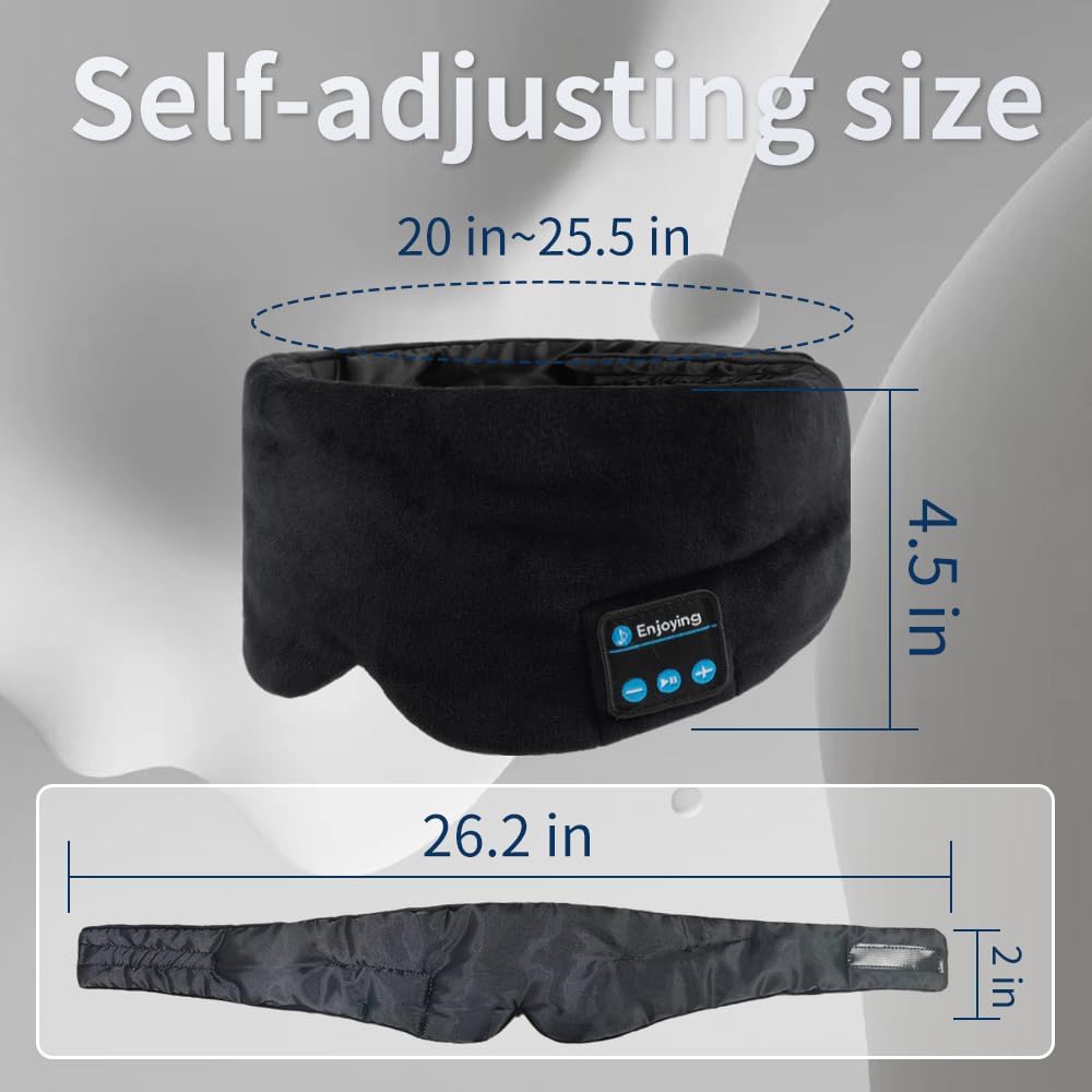 Soft Sleep Eye Mask Bluetooth Headphones, Adjustable Sleep Headband Headphones for Sleeping Meditation Insomnia, Wireless Music Eye Cover Earbuds for Airplane Travel Nap, Black