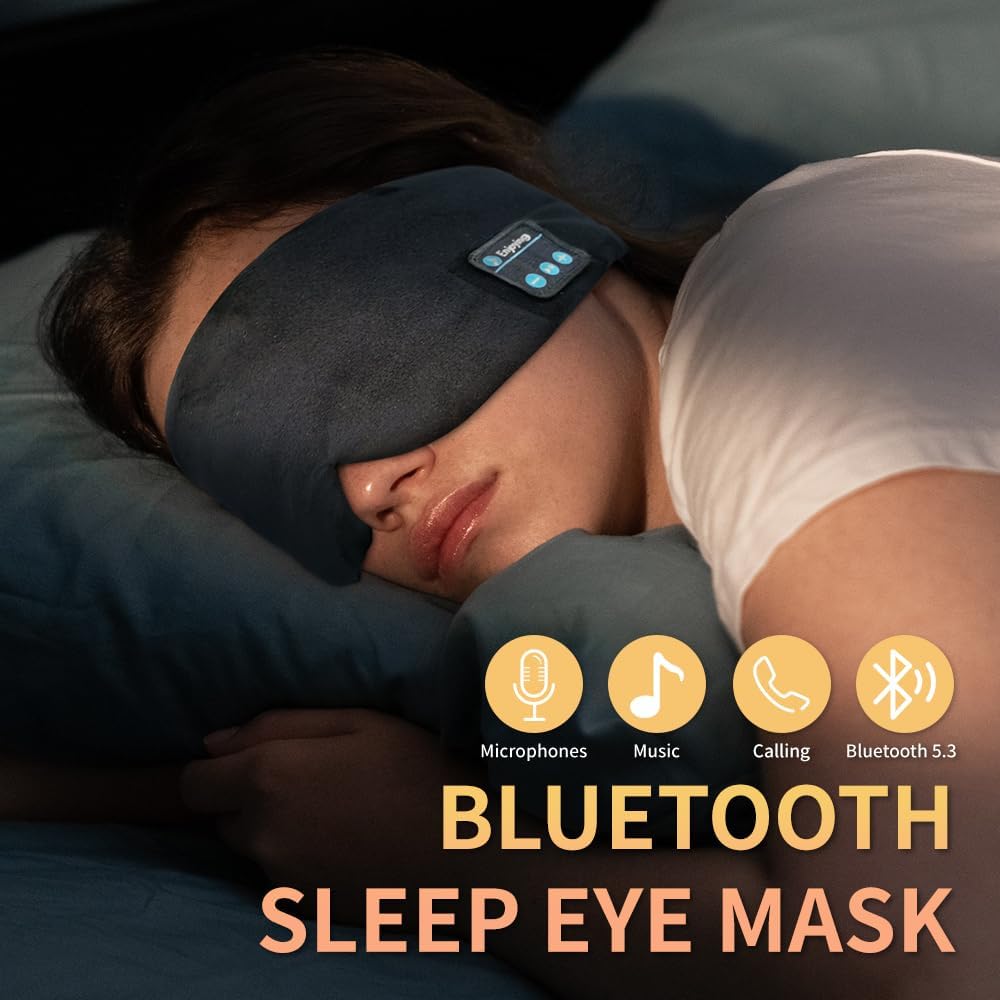 Soft Sleep Eye Mask Bluetooth Headphones, Adjustable Sleep Headband Headphones for Sleeping Meditation Insomnia, Wireless Music Eye Cover Earbuds for Airplane Travel Nap, Black